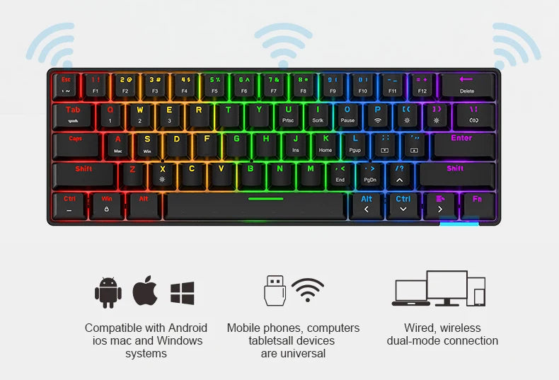 STK61 Rainbow Backlit Keyboard BT 3.0 +Type-C Dual-Mode Mechanical Gaming Keyboard for IOS Android Win Mobil Tablets Notebook