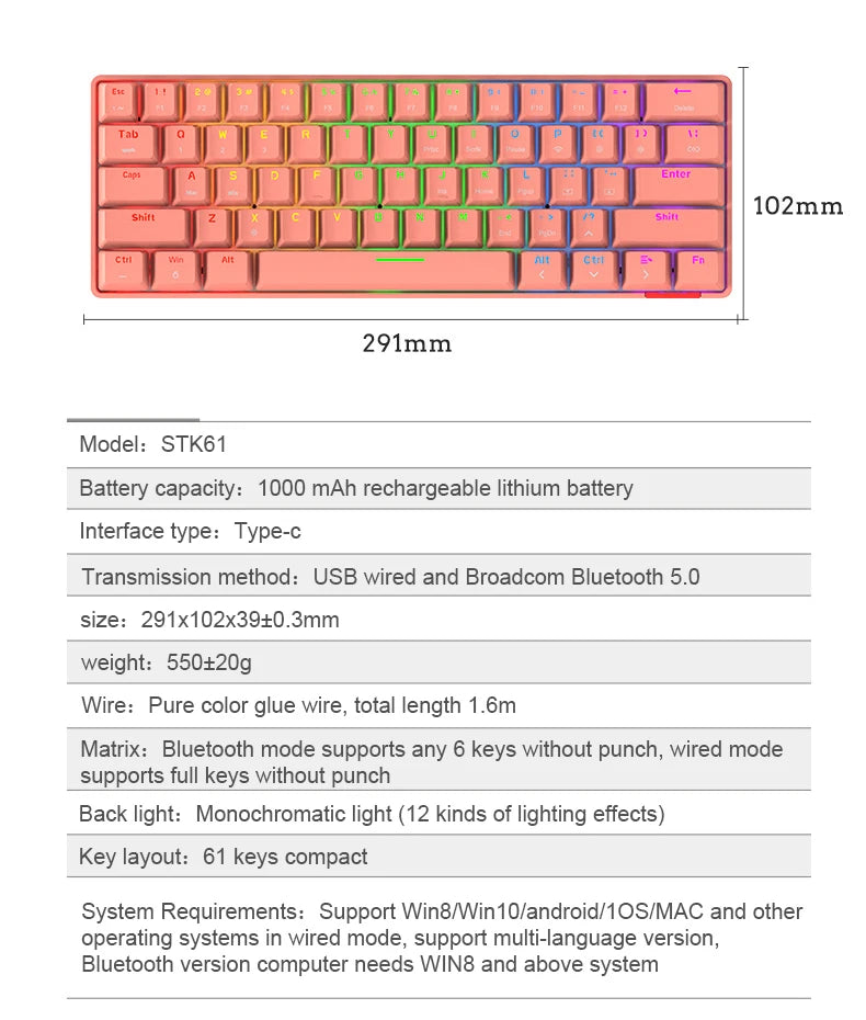 STK61 Rainbow Backlit Keyboard BT 3.0 +Type-C Dual-Mode Mechanical Gaming Keyboard for IOS Android Win Mobil Tablets Notebook