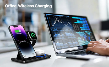 30W LED Fast Wireless Charger Stand 3 in 1 Foldable Charging Station for IPhone 15 14 13 12 11 Apple Watch 9 8 7 6 5 Airpods Pro