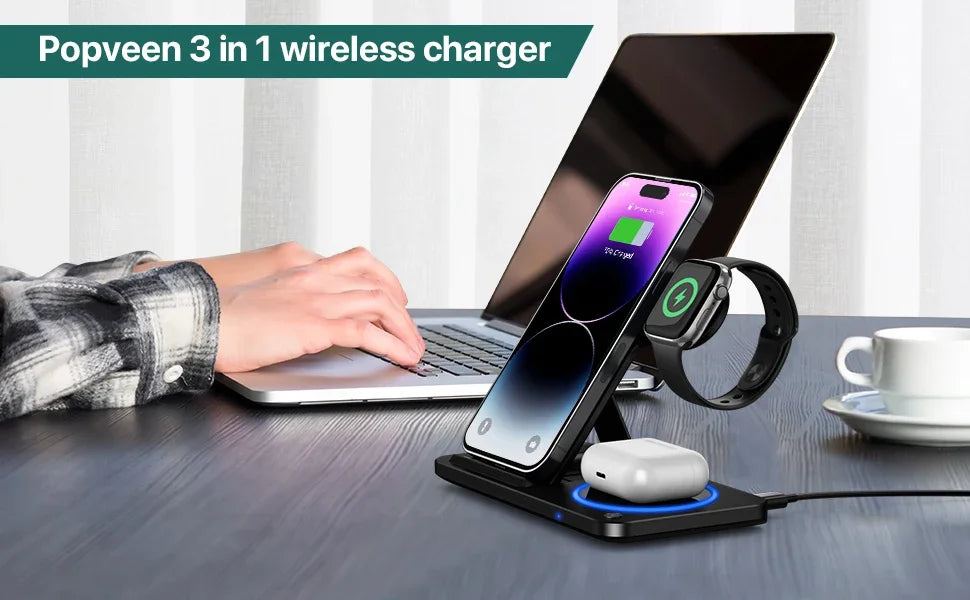 30W LED Fast Wireless Charger Stand 3 in 1 Foldable Charging Station for IPhone 15 14 13 12 11 Apple Watch 9 8 7 6 5 Airpods Pro