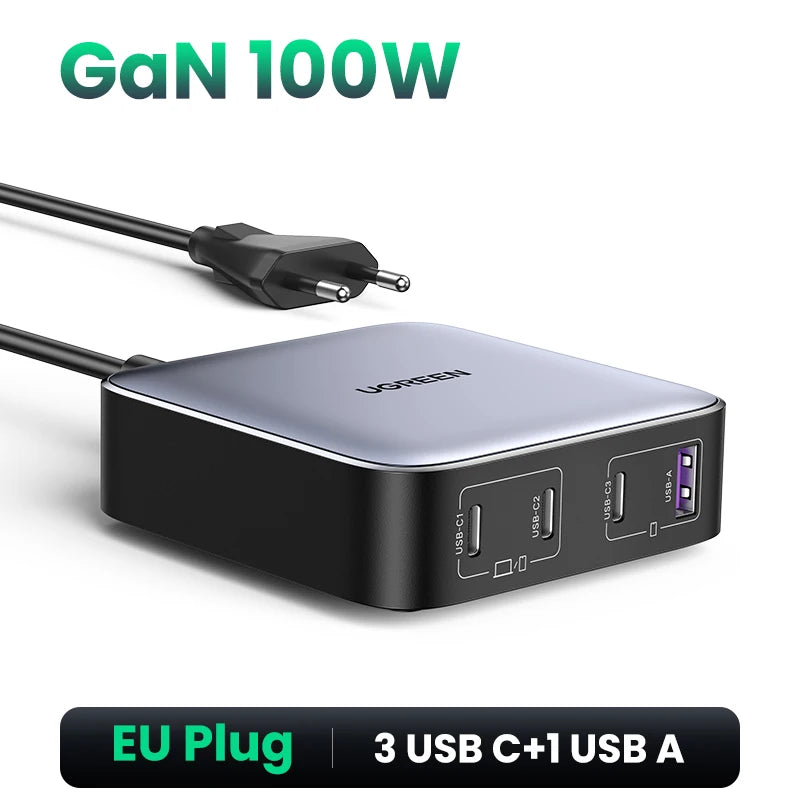 UGREEN 100W GaN Charger Desktop Laptop Fast Charger 4 in 1 Adapter For iPhone 15 14 13 12 Pro Max Phone Charger Xiaomi Samsung