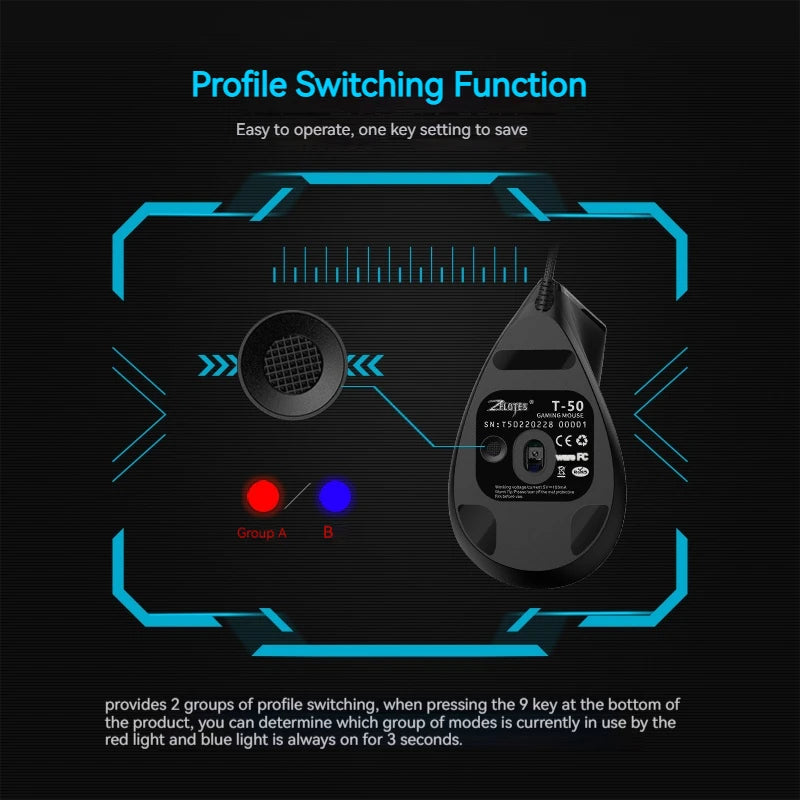 ZELOTES T-50 Vertical Ergonomic USB Wired Mouse 9 keys RGB 12800 DPI Adjustable Mouse for PC Computer Laptop Desktop Notebook