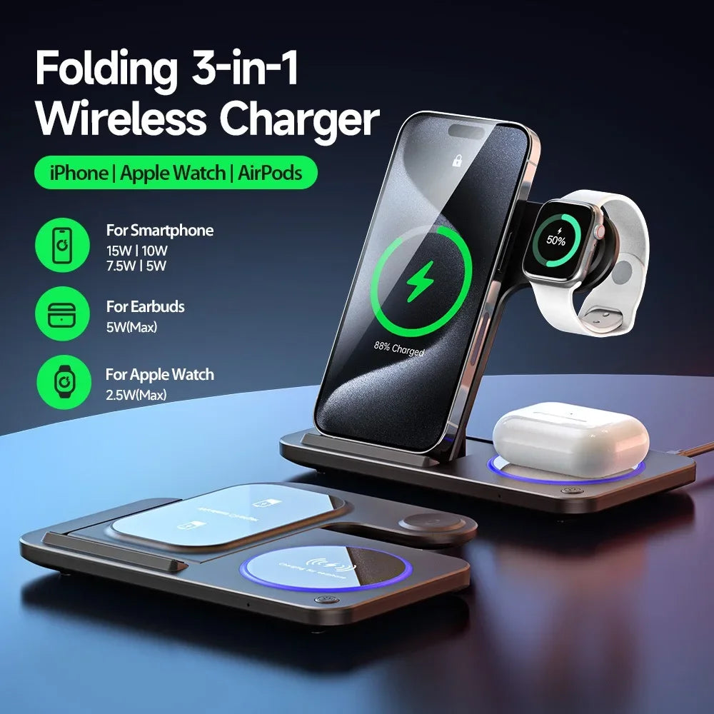 30W LED Fast Wireless Charger Stand 3 in 1 Foldable Charging Station for IPhone 15 14 13 12 11 Apple Watch 9 8 7 6 5 Airpods Pro