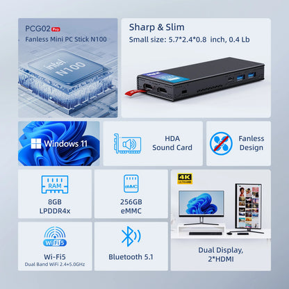 MeLE Fanless Slim Mini PC Stick Computer Windows 11 N100 J4125 N5105 128GB 256GB USB PD3.0 Micro Desktop Dual HDMI 4K PCG02 Pro