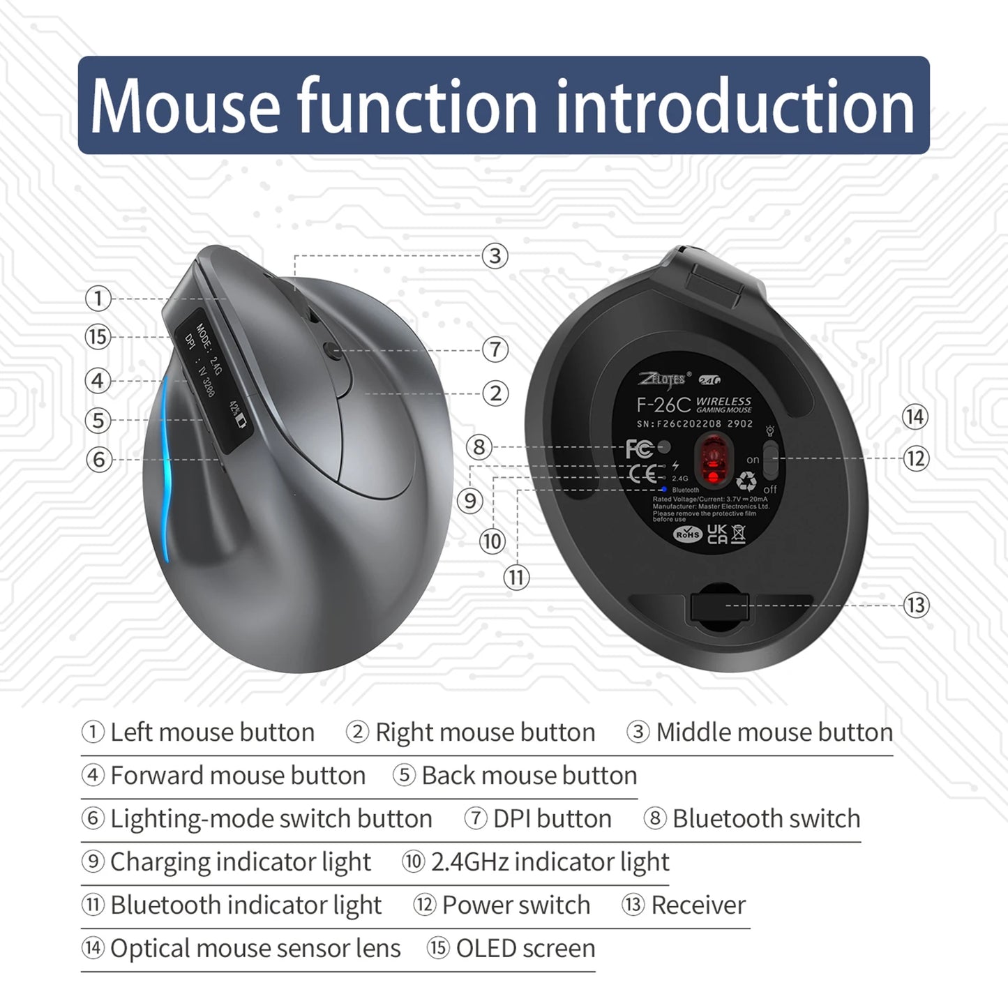 ZELOTES F-26C Desktop Upright Mouse Ergonomic 3200DPI 2.4G Bluetooth-Compatible 8 Buttons Rechargeable Vertical Gaming Mouse