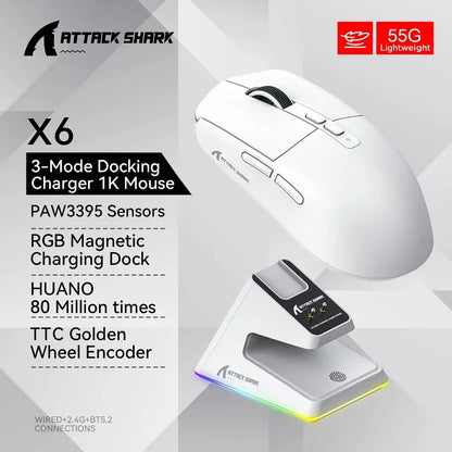 Attack Shark X6 PAW3395 Bluetooth Mouse,Tri-Mode Connection,RGB Touch Magnetic Charging Base,macroscopic Gaming Mouse