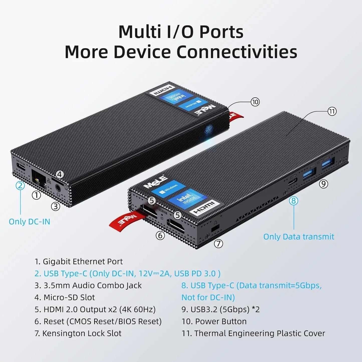 MeLE Fanless Slim Mini PC Stick Computer Windows 11 N100 J4125 N5105 128GB 256GB USB PD3.0 Micro Desktop Dual HDMI 4K PCG02 Pro