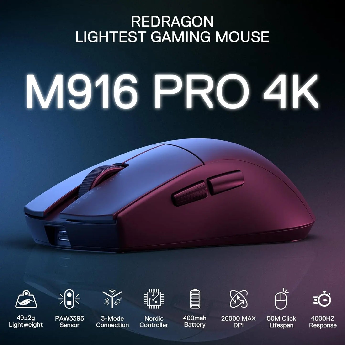 Redragon M916 PRO 3-Mode Wireless Gaming Mouse, Hype-Speed 4K Polling Rate, 49G Ultra-Light 26K DPI Gamer Mouse