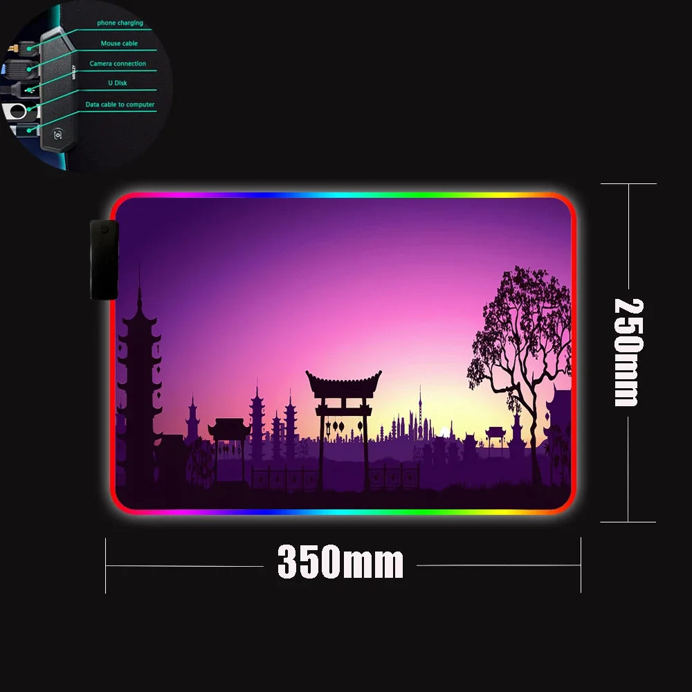 Anime Landscape RGB Gaming Mouse Pad LED Light High Quality Office Carpet Desk Mat Rubber Pad USB Hub 4 Port Mouse Laptop Pad