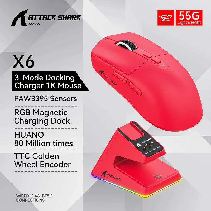 Attack Shark X6 PAW3395 Bluetooth Mouse,Tri-Mode Connection,RGB Touch Magnetic Charging Base,macroscopic Gaming Mouse