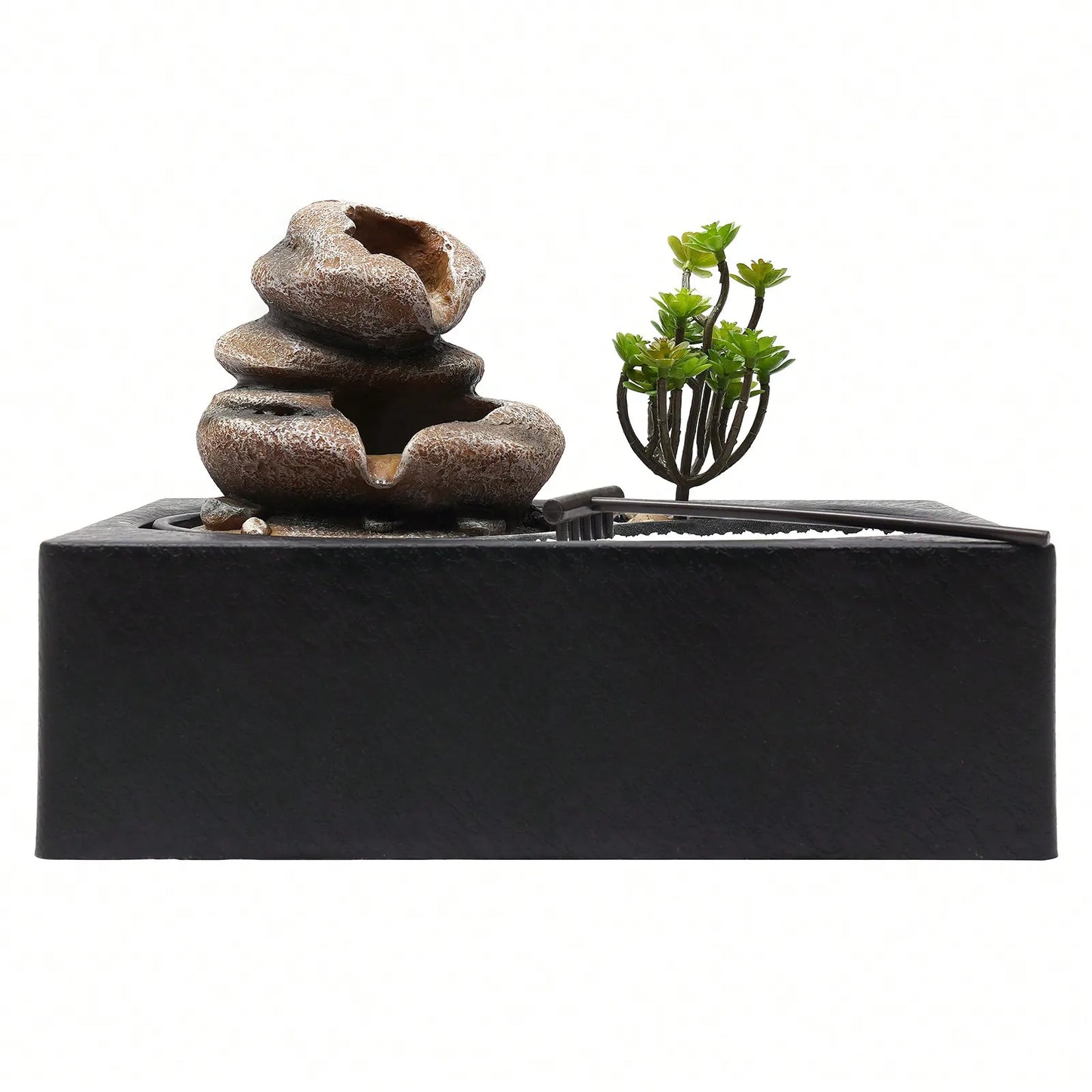 11.4x8.3x8.7in Tabletop Fountain With LED Light Waterfall Zen Meditation Desktop Resin Rockery Water Fountain Bonsai Decor Gift