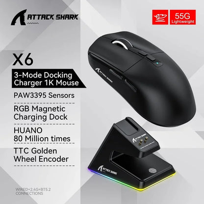 Attack Shark X6 PAW3395 Bluetooth Mouse,Tri-Mode Connection,RGB Touch Magnetic Charging Base,macroscopic Gaming Mouse