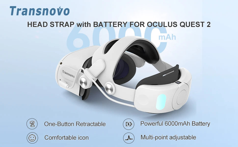 TRANSNOVO Compatible with Oculus Quest 2 Head Strap Set 6000mAh Battery VR Accessory for Meta Quest 2