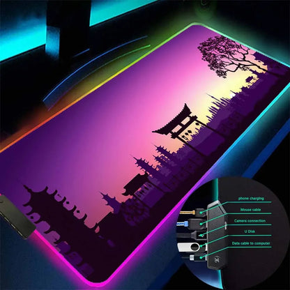 Anime Landscape RGB Gaming Mouse Pad LED Light High Quality Office Carpet Desk Mat Rubber Pad USB Hub 4 Port Mouse Laptop Pad