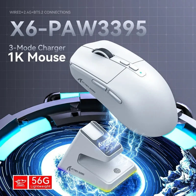 Attack Shark X6 PAW3395 Bluetooth Mouse,Tri-Mode Connection,RGB Touch Magnetic Charging Base,macroscopic Gaming Mouse