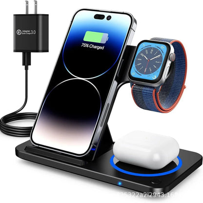 30W LED Fast Wireless Charger Stand 3 in 1 Foldable Charging Station for IPhone 15 14 13 12 11 Apple Watch 9 8 7 6 5 Airpods Pro