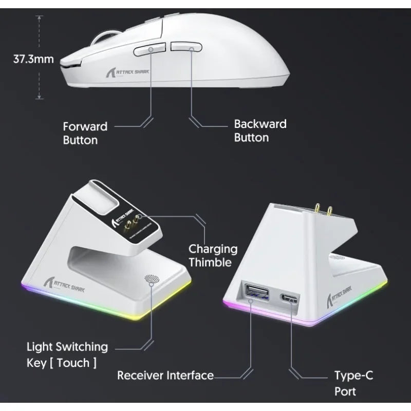 Attack Shark X6 PAW3395 Bluetooth Mouse,Tri-Mode Connection,RGB Touch Magnetic Charging Base,macroscopic Gaming Mouse