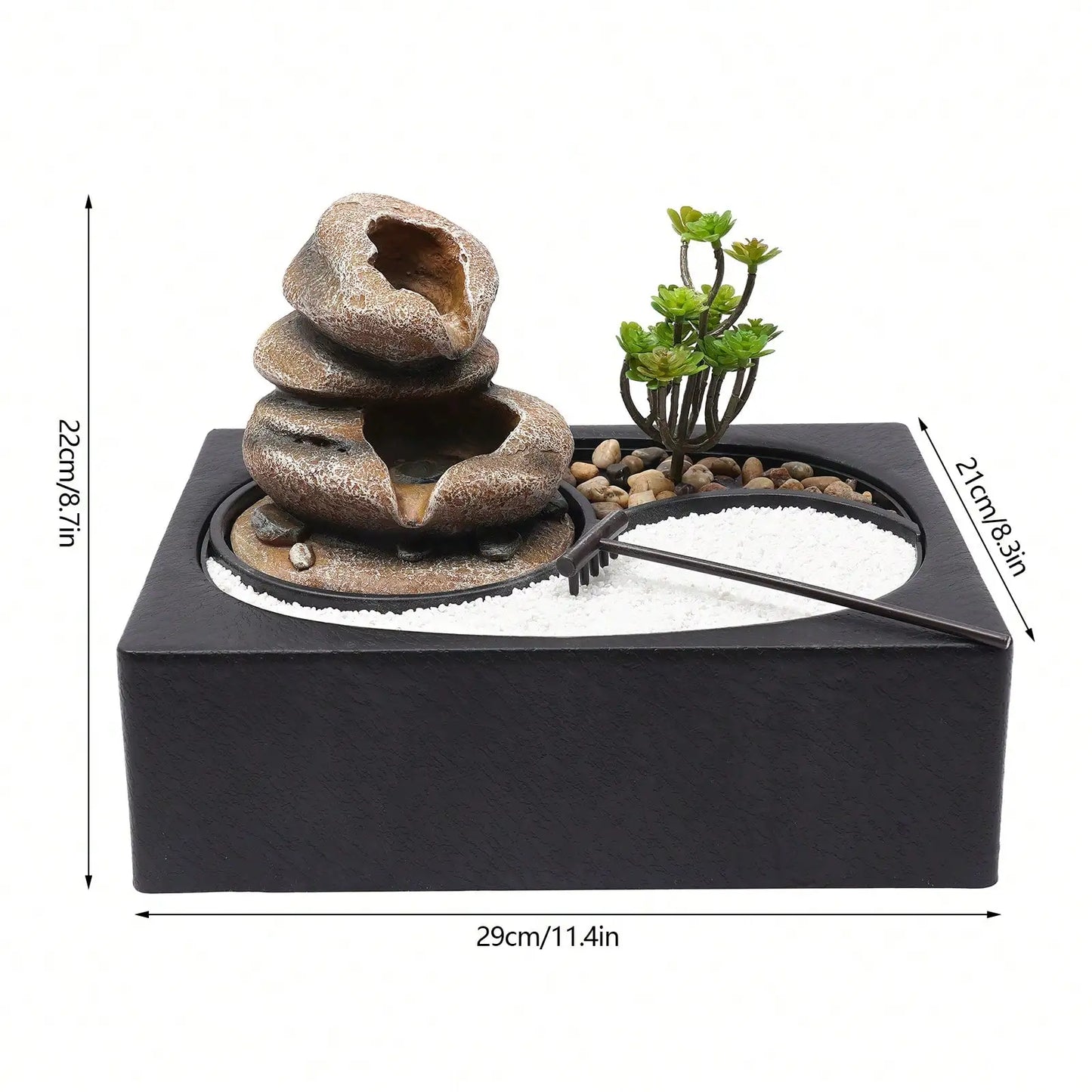 11.4x8.3x8.7in Tabletop Fountain With LED Light Waterfall Zen Meditation Desktop Resin Rockery Water Fountain Bonsai Decor Gift