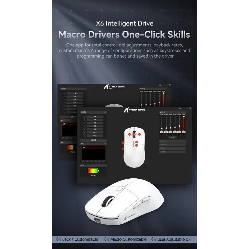 Attack Shark X6 PAW3395 Bluetooth Mouse,Tri-Mode Connection,RGB Touch Magnetic Charging Base,macroscopic Gaming Mouse