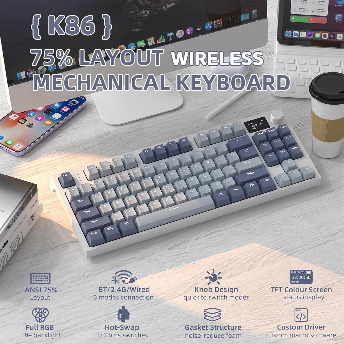 RK86 Wireless Mechanical Keyboard, 75% TKL Hot Swappable Tri-mode Gaming RGB Backlit Keyboard, Gasket Mount with LED Smart Displ