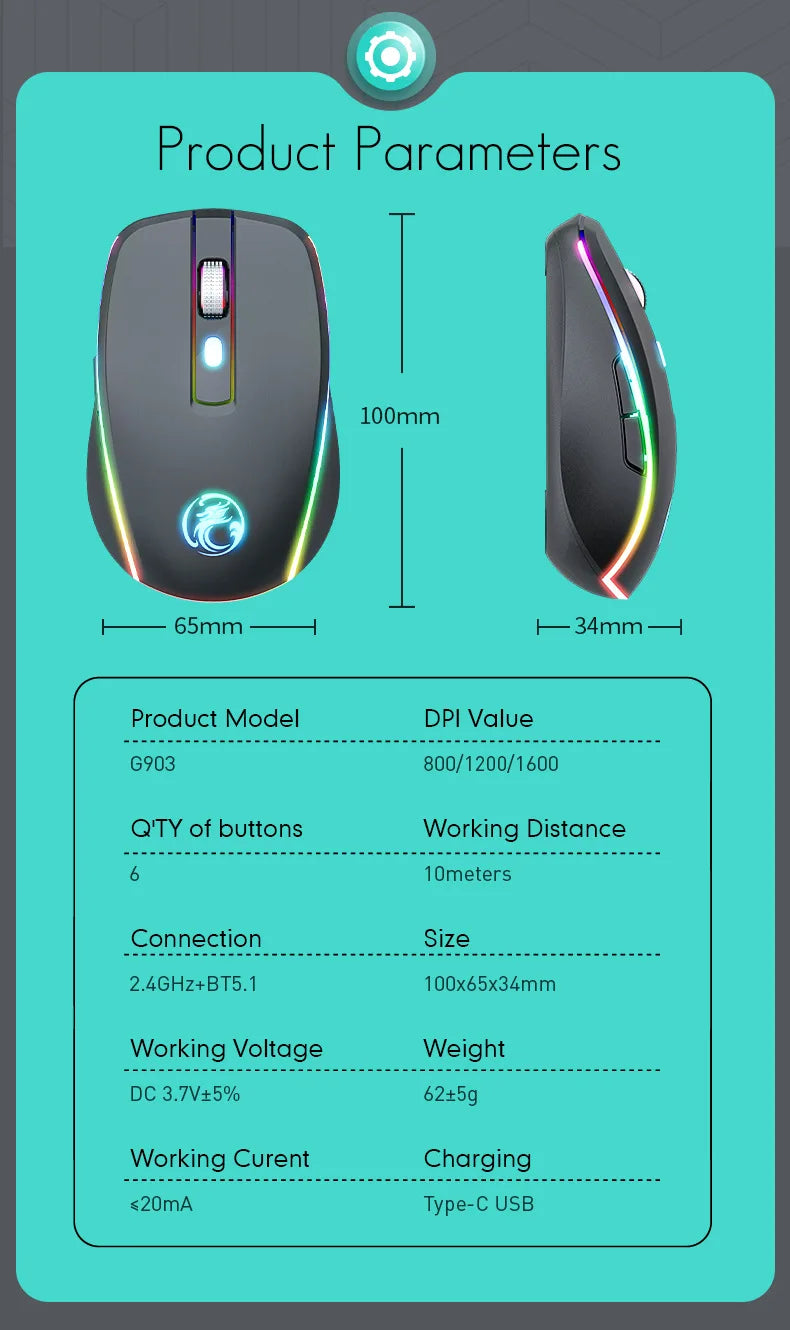 Portable Bluetooth dual-mode rechargeable mute 6-key wireless gaming mouse TYPE-C interface Creative gifts