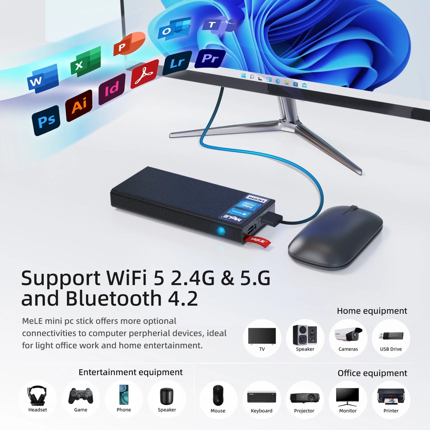 MeLE Fanless Slim Mini PC Stick Computer Windows 11 N100 J4125 N5105 128GB 256GB USB PD3.0 Micro Desktop Dual HDMI 4K PCG02 Pro