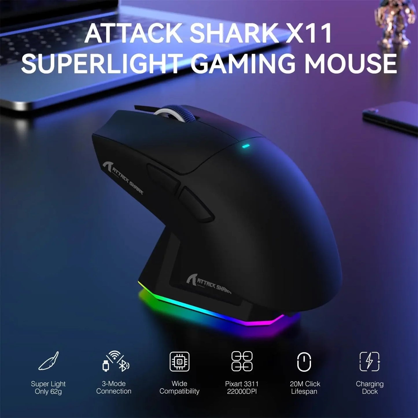 ATTACK SHARK X11 Lightweight Three-mode Wireless Gaming Mouse with RGB Charging Dock Optical Sensor PAW3311 22K DPI  PC/Mac