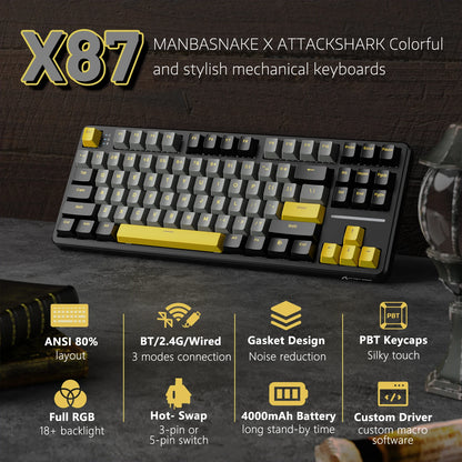 ATTACK SHARK X87 Wireless Mechanical Gaming Keyboard, Tri-Mode BT5.0/2.4GHz/USB-C Gasket Hot Swappable Custom Keyboard, Pre-lube