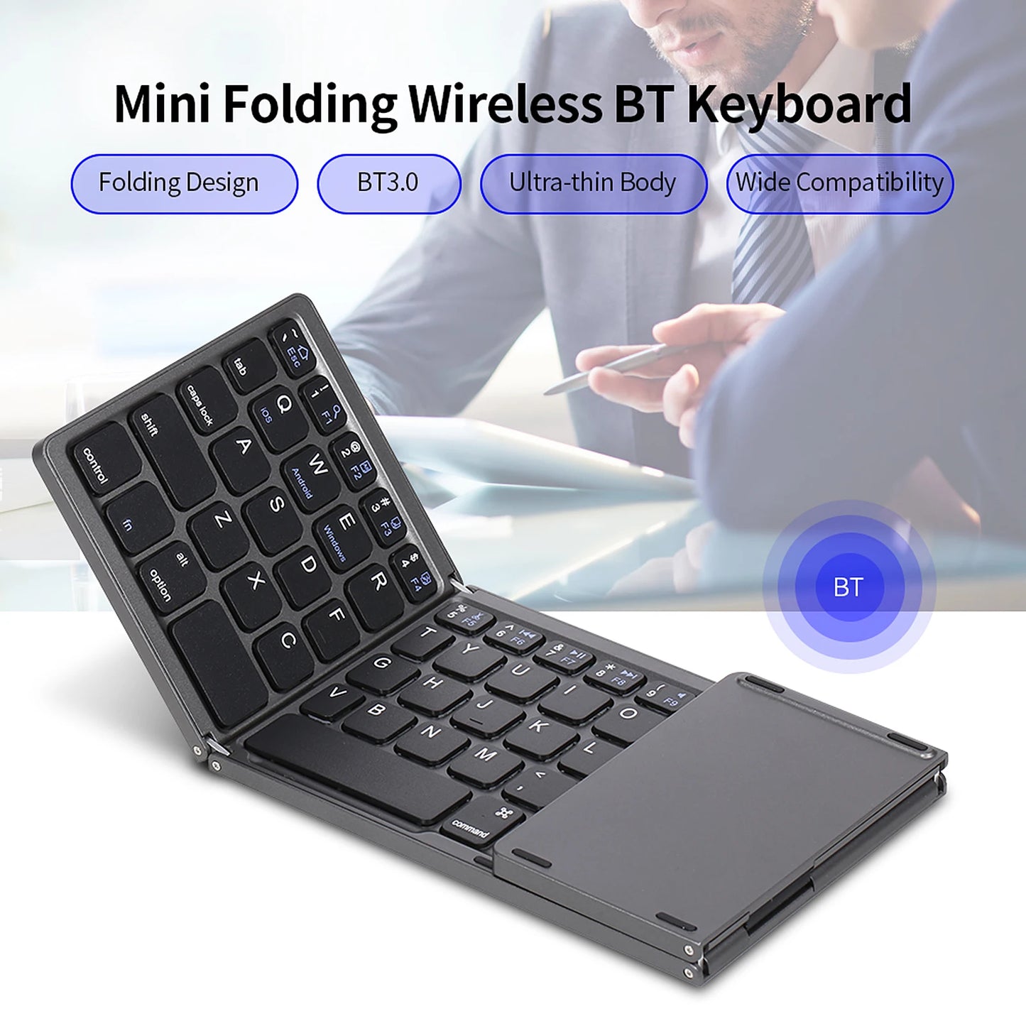 64-key Wireless BT Keyboard Rechargeable Foldable Keyboard Portable Ultra Slim BT Keyboard with Touchpad for Windows/Android/iOS