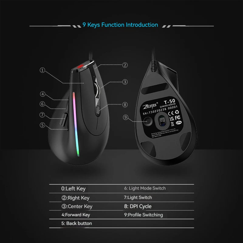 ZELOTES T-50 Vertical Ergonomic USB Wired Mouse 9 keys RGB 12800 DPI Adjustable Mouse for PC Computer Laptop Desktop Notebook