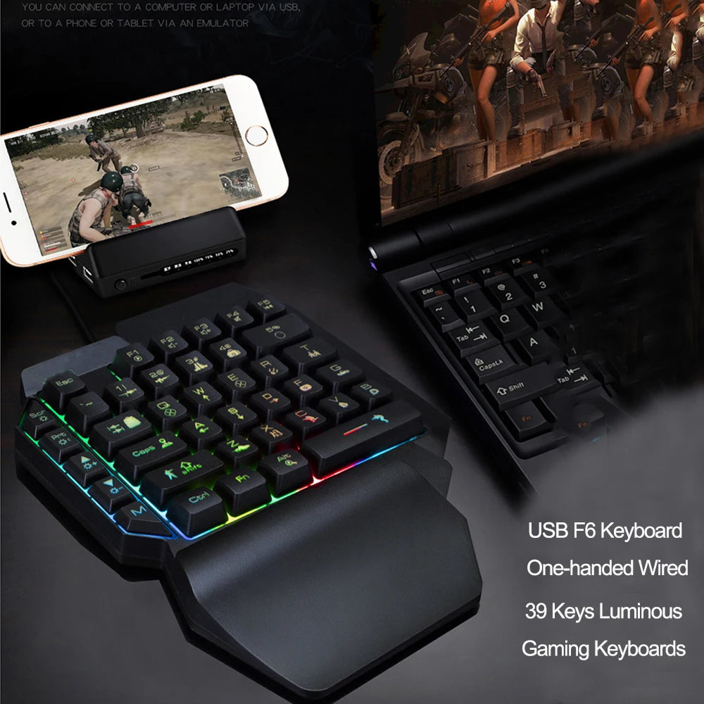 RGB Colorful F6 USB Wired Keyboard 39 Keys Ergonomics Game Gaming Keyboard One-Handed For Tablet PC Laptop Gamer