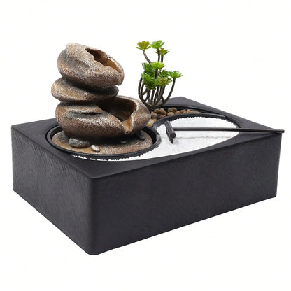 11.4x8.3x8.7in Tabletop Fountain With LED Light Waterfall Zen Meditation Desktop Resin Rockery Water Fountain Bonsai Decor Gift