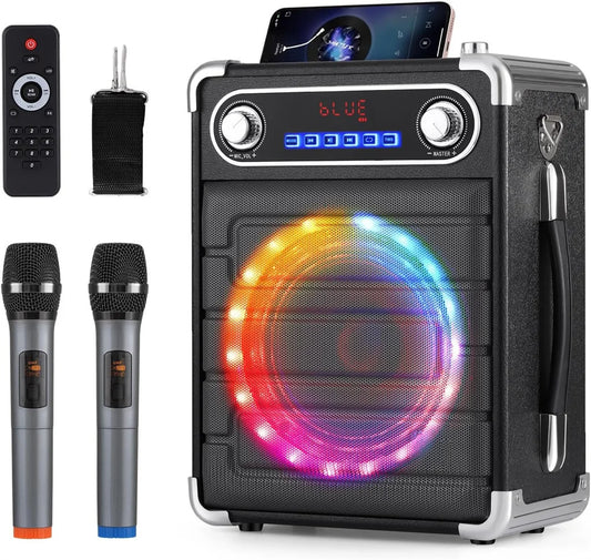 Loud Portable Bluetooth Speaker Karaoke Machine w/ 2 Wireless Mic TWS/TF/AUX/USB Rechargeable 6.5" Woffer led Light