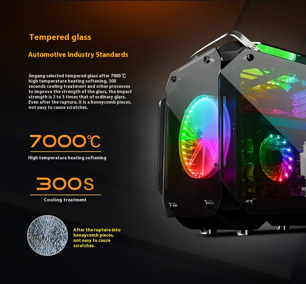 WJCOOLMAN Diamond Black Panoramic Version 2Side Transparent Glass Gaming Computer Case with 7 Fan Positions 240 AIO Support