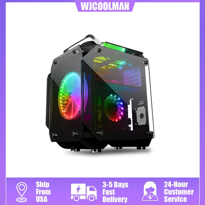 WJCOOLMAN Diamond Black Panoramic Version 2Side Transparent Glass Gaming Computer Case with 7 Fan Positions 240 AIO Support