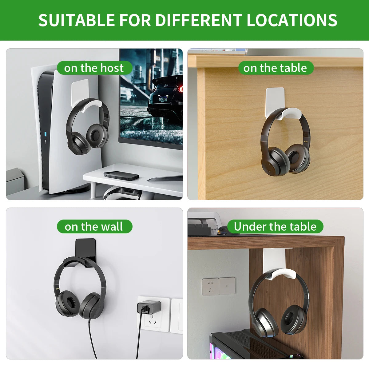 Black Gaming Headphone Stand Holder Under Desk Universal Earphone Hook No Drilling Wall Mount Headset Bracket Hanger White