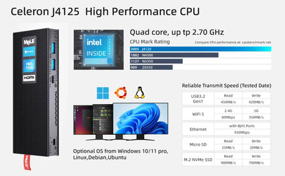 MeLE Fanless Slim Mini PC Stick Computer Windows 11 N100 J4125 N5105 128GB 256GB USB PD3.0 Micro Desktop Dual HDMI 4K PCG02 Pro