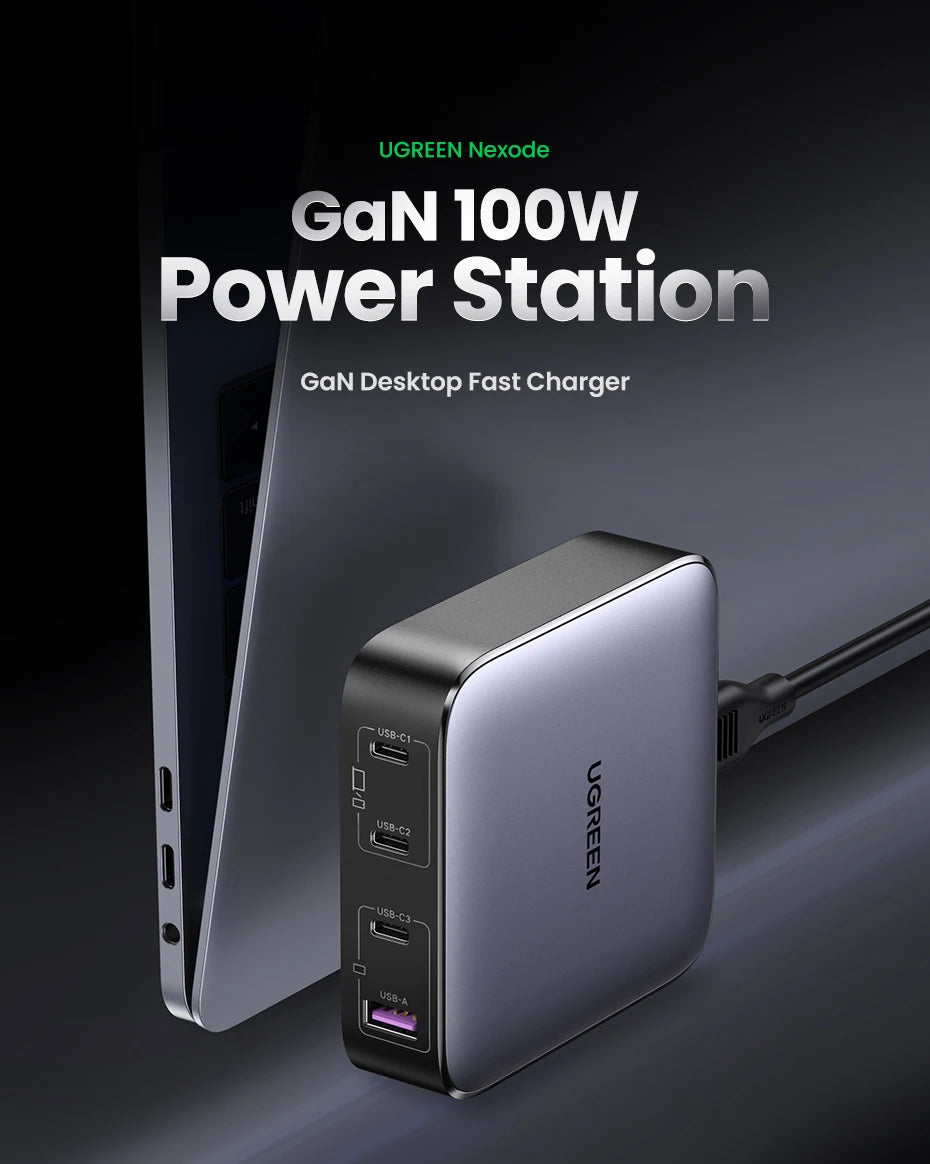 UGREEN 100W GaN Charger Desktop Laptop Fast Charger 4 in 1 Adapter For iPhone 15 14 13 12 Pro Max Phone Charger Xiaomi Samsung