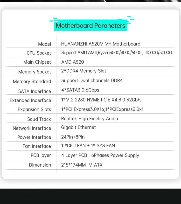 HUANANZHI A520M AMD AM4 Motherboard Support Ryzen ( 3600 4650G 5500 5500G 5600 5600G 5600X 5800X) M.2 NVME Dual Channel DDR4 RAM