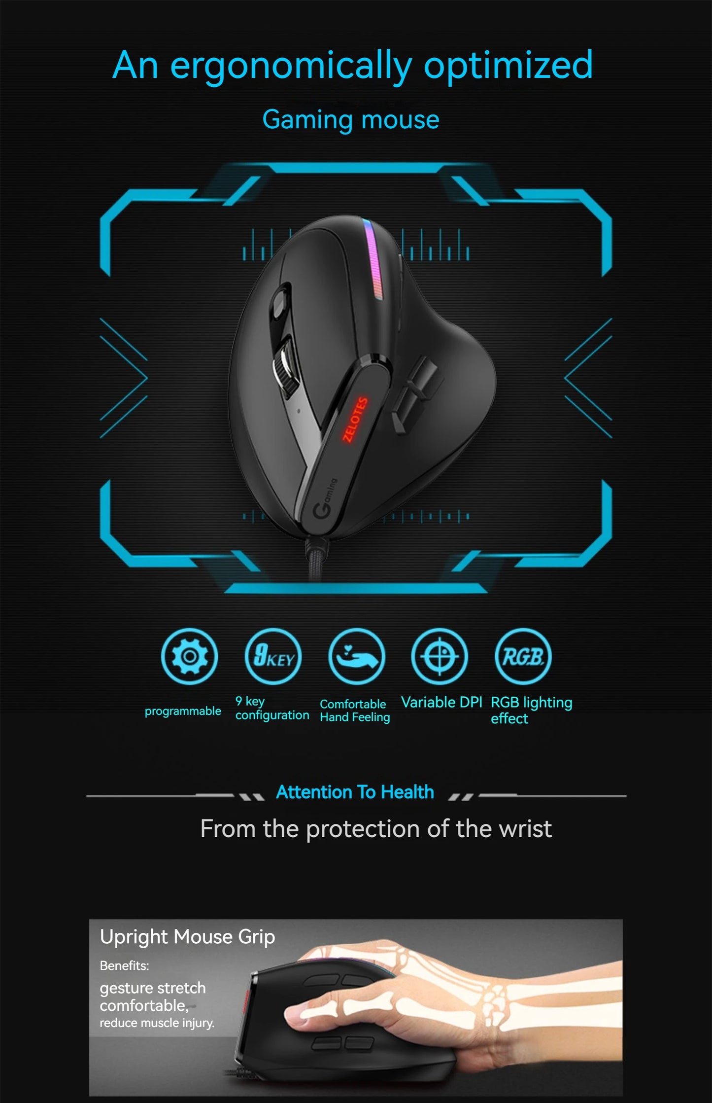 ZELOTES T-50 Vertical Ergonomic USB Wired Mouse 9 keys RGB 12800 DPI Adjustable Mouse for PC Computer Laptop Desktop Notebook