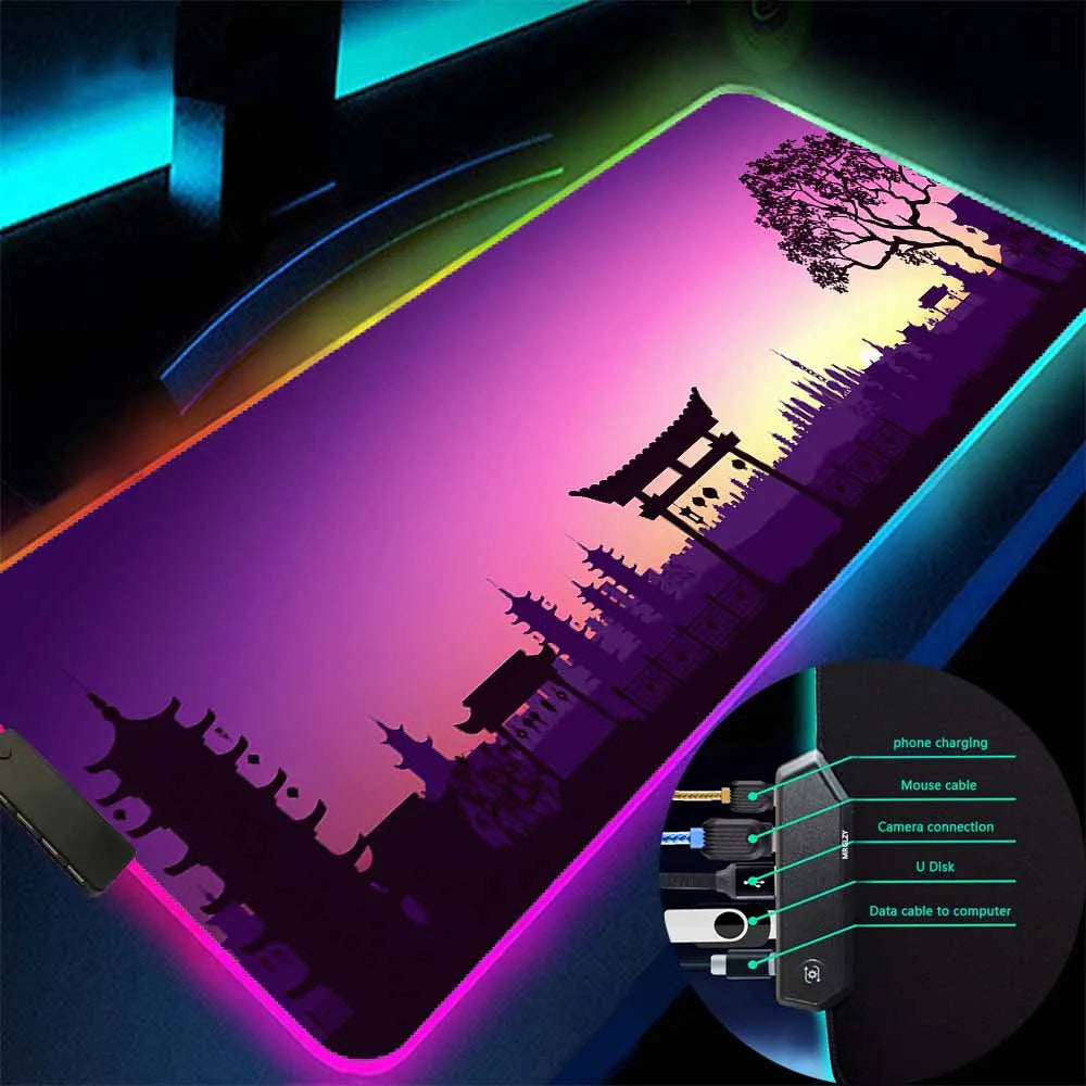 Anime Landscape RGB Gaming Mouse Pad LED Light High Quality Office Carpet Desk Mat Rubber Pad USB Hub 4 Port Mouse Laptop Pad