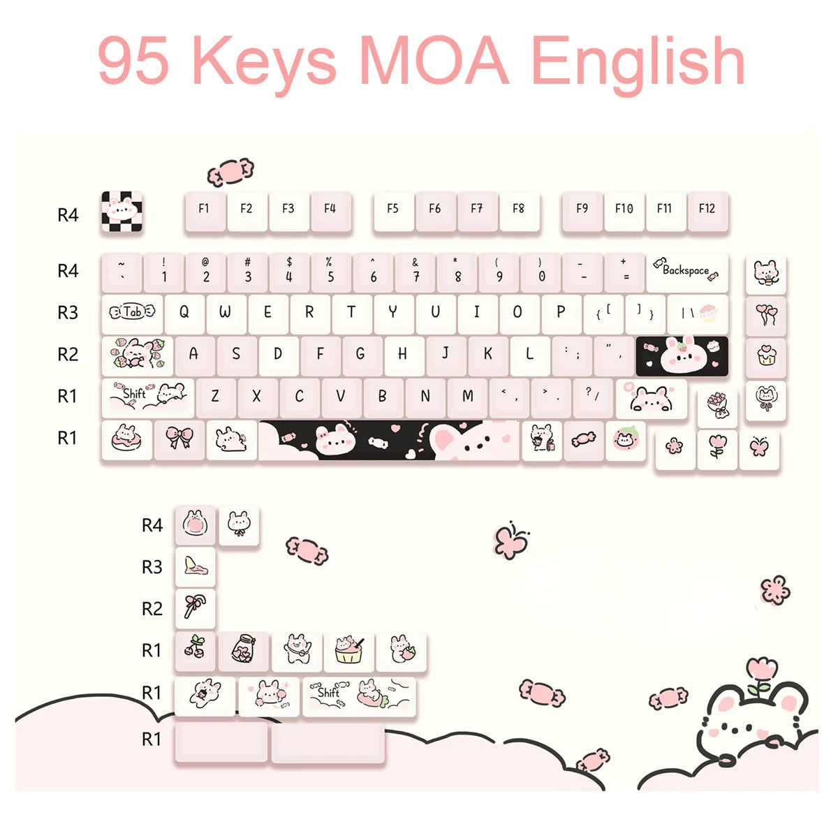 USLION 95Keys Dessert Cat Theme Keycaps MOA Profile PBT Key Caps Kit for 61/64/68/84/75/87Keys GMK67 Gaming Mechanical Keyboard