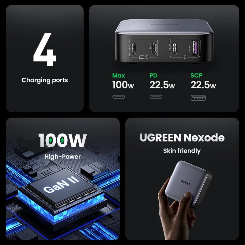 UGREEN 100W GaN Charger Desktop Laptop Fast Charger 4 in 1 Adapter For iPhone 15 14 13 12 Pro Max Phone Charger Xiaomi Samsung